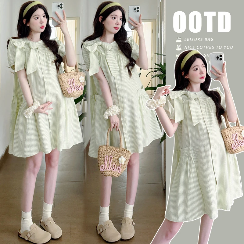 孕妇连衣裙夏季蝴蝶结减龄甜美2025新款显瘦绿色条纹小个子中长款