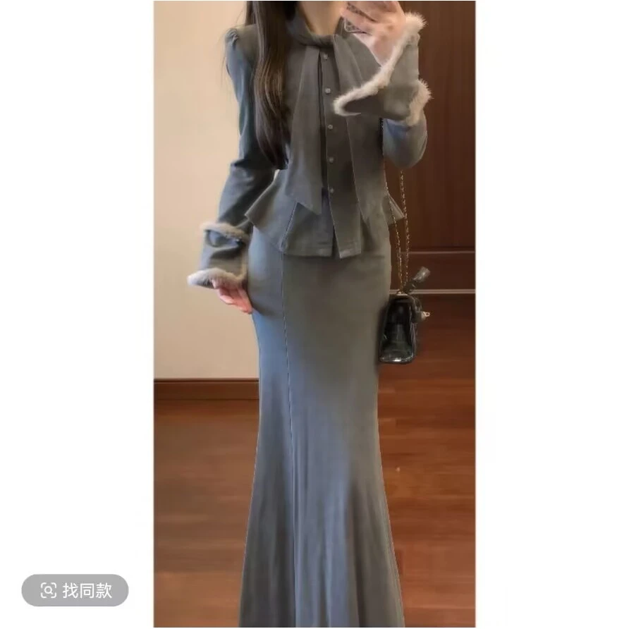 小众设计感飘带修身小衫&高腰鱼尾半身裙两件套装