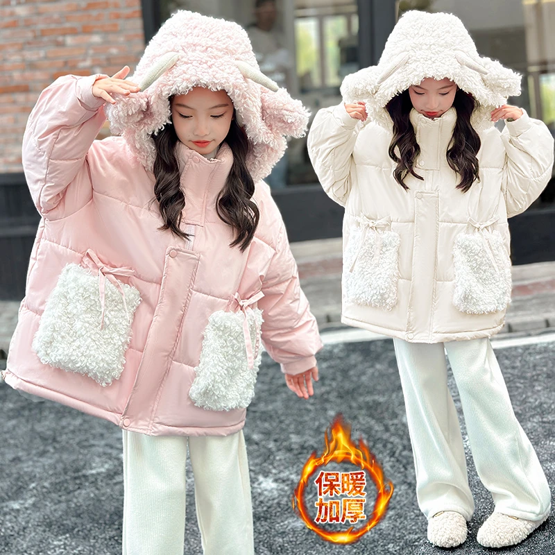 女童冬季夹棉加厚棉服2025新款女孩时髦洋气卡通冬装连帽棉衣外套