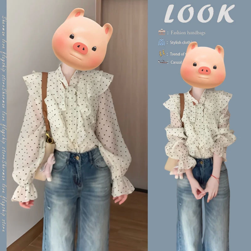 早春温柔系穿搭女2025新款韩版气质系带波点衬衫显瘦牛仔裤两件套