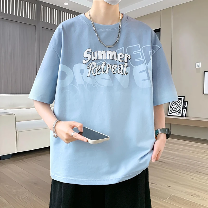 青少年渐变印花短袖T恤夏季港风宽松落肩潮流中学生半袖休闲上衣