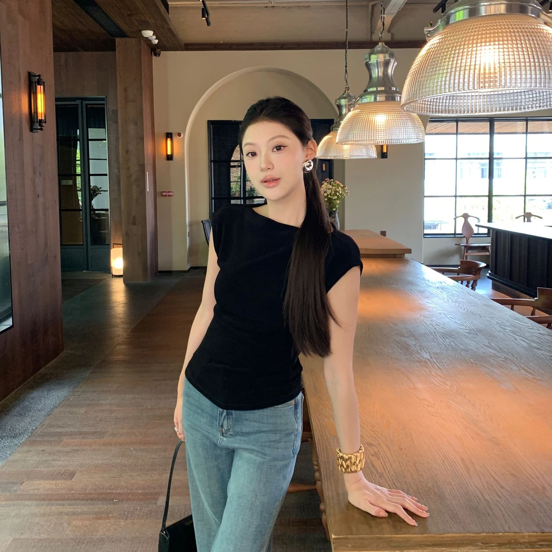 现货 JINY 静一｜【黑调简裁】时尚醋酸优雅的一字领上衣女连袖包肩