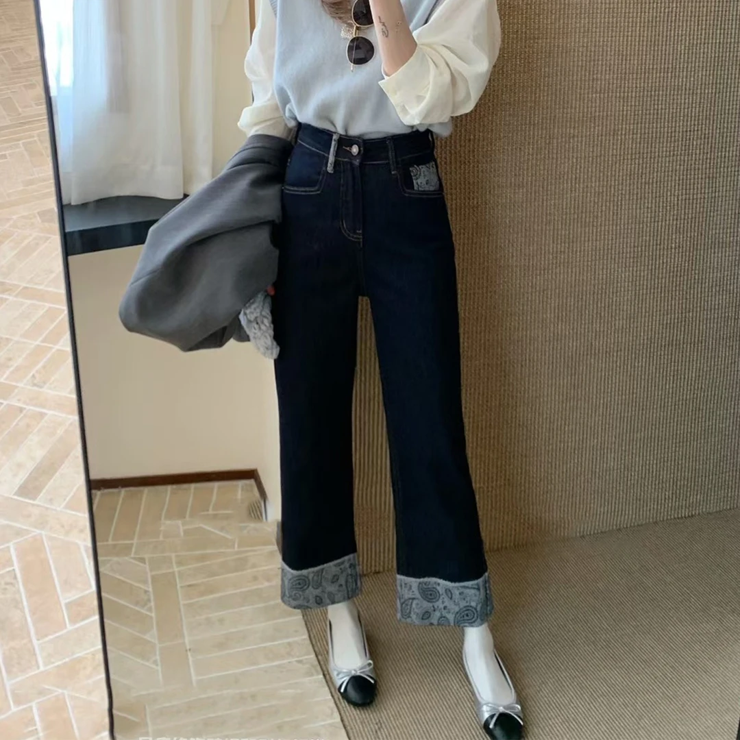 设计感撞色拼接九分直筒牛仔裤女秋新款微胖MM腿粗显瘦高腰奶奶裤