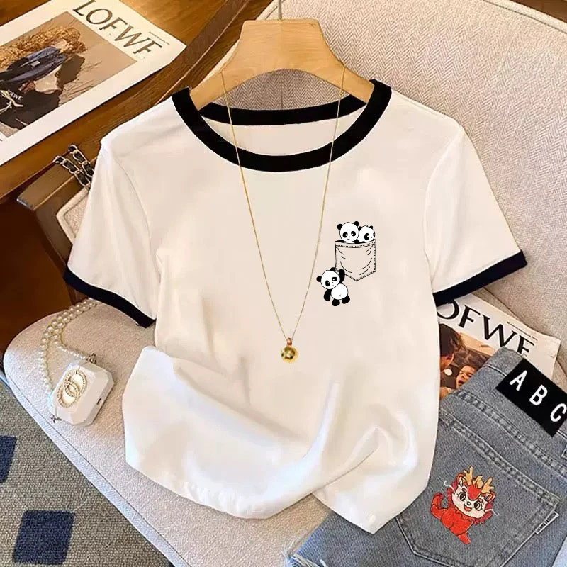 韩版新款撞色大码弧形下摆圆领显瘦短袖夏季T恤女高级感打底上衣