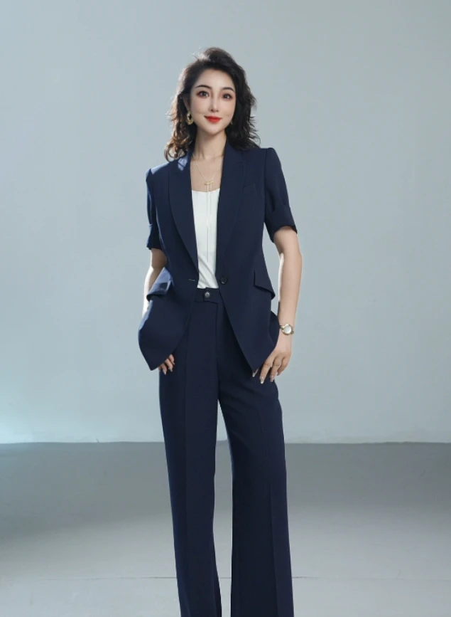 藏青色夏款短袖时尚轻奢显瘦轻职西装套装高端女士气质西服两件套