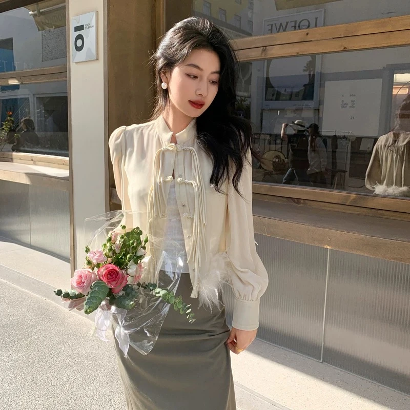 春季高端国风新中式流苏盘扣真丝丝绒衬衫驼鸟毛外套上衣