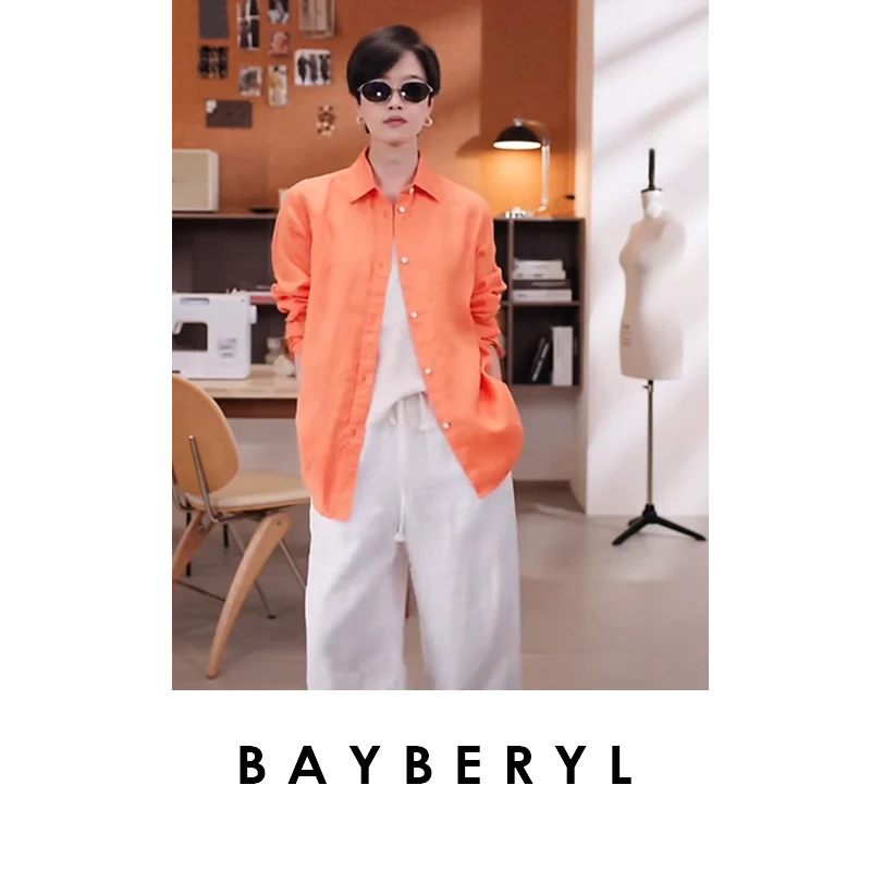 BAYBERYL老贝橘子洲*亚麻时髦翻领排扣透气秋衬衫NCY5D2606