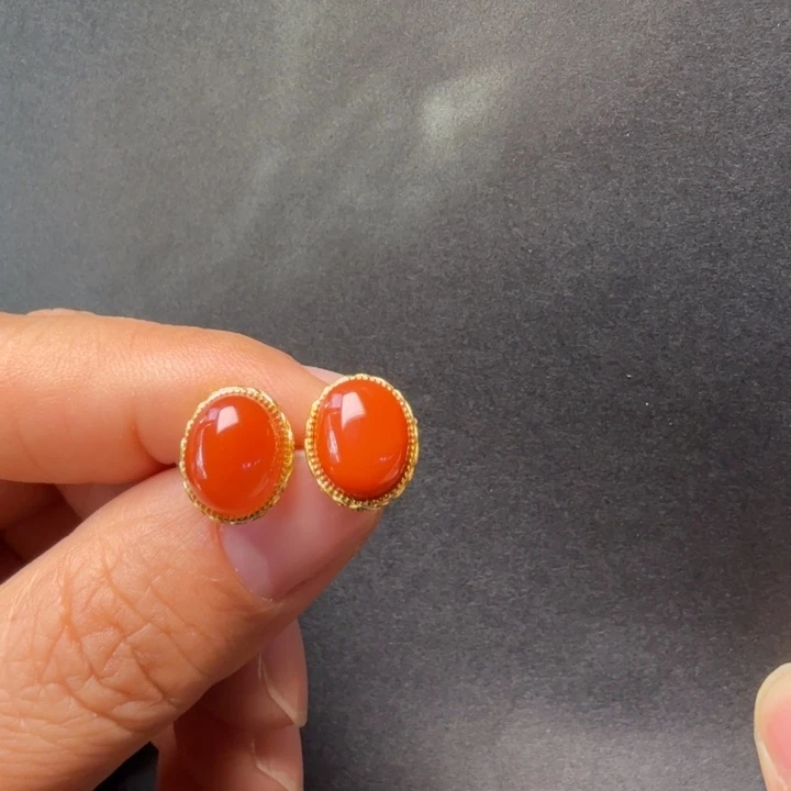 南红玛瑙银S925镀金镶嵌耳饰