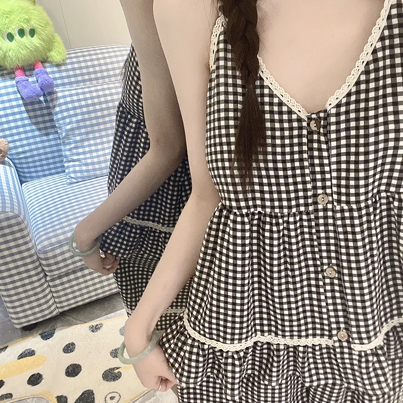 带胸垫夏季性感吊带睡衣女款爆款2025新款花边格子可外穿家居服女