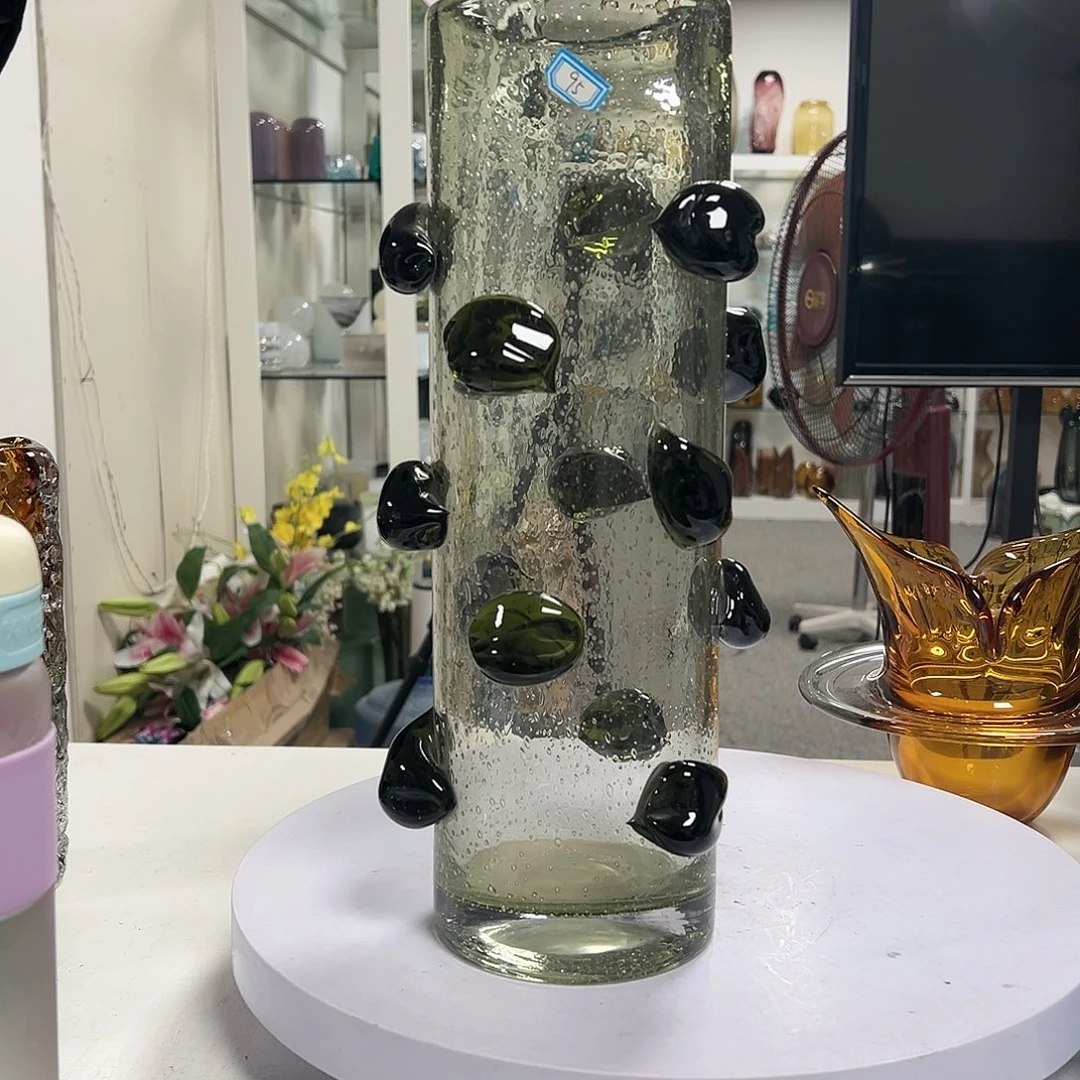 琉璃?高38墨绿密集气泡贴片琉璃花器