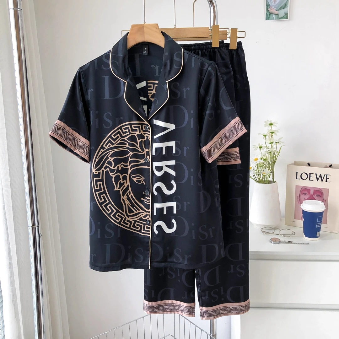 吉伦略索情侣款睡衣女款春秋夏季短袖短裤长裤三件套男士家居服