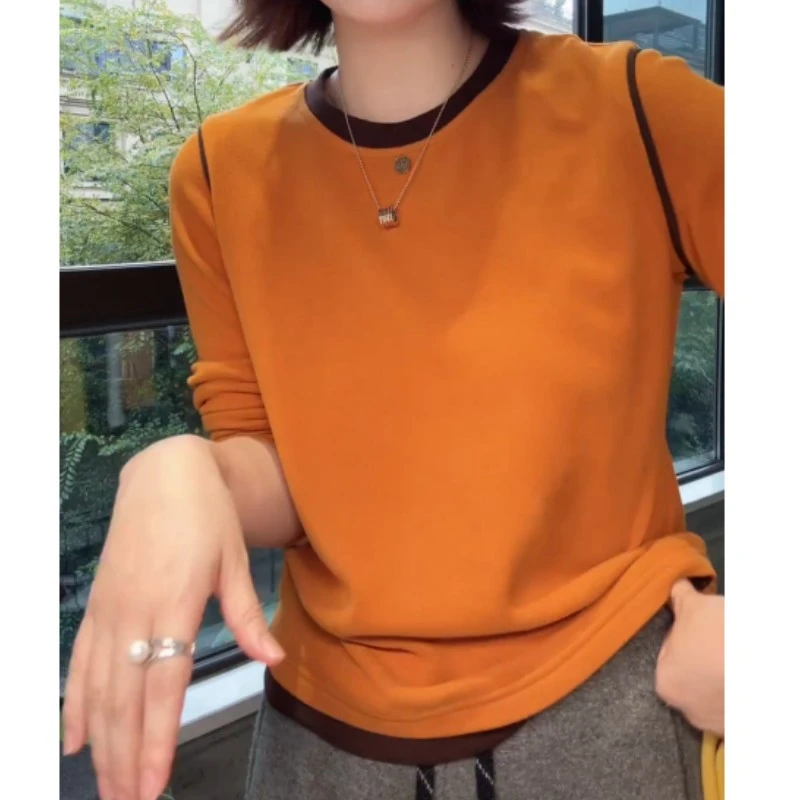 撞色圆领双面绒长袖T恤女士2025秋冬新款宽松显瘦内搭打底衫上衣