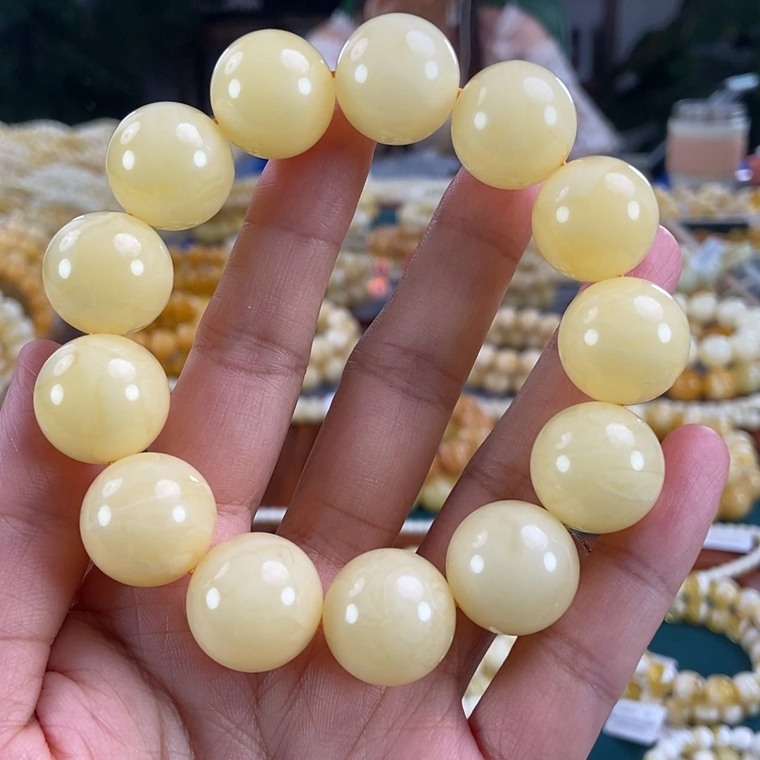 琥珀未镶嵌珠宝奇石18同料浓白花蜡圆珠44.5