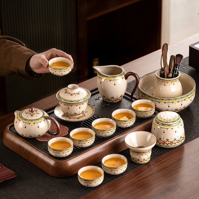 汝窑陶瓷敦煌宝相花功夫茶具套装家用轻奢高档整套泡茶壶茶杯礼盒