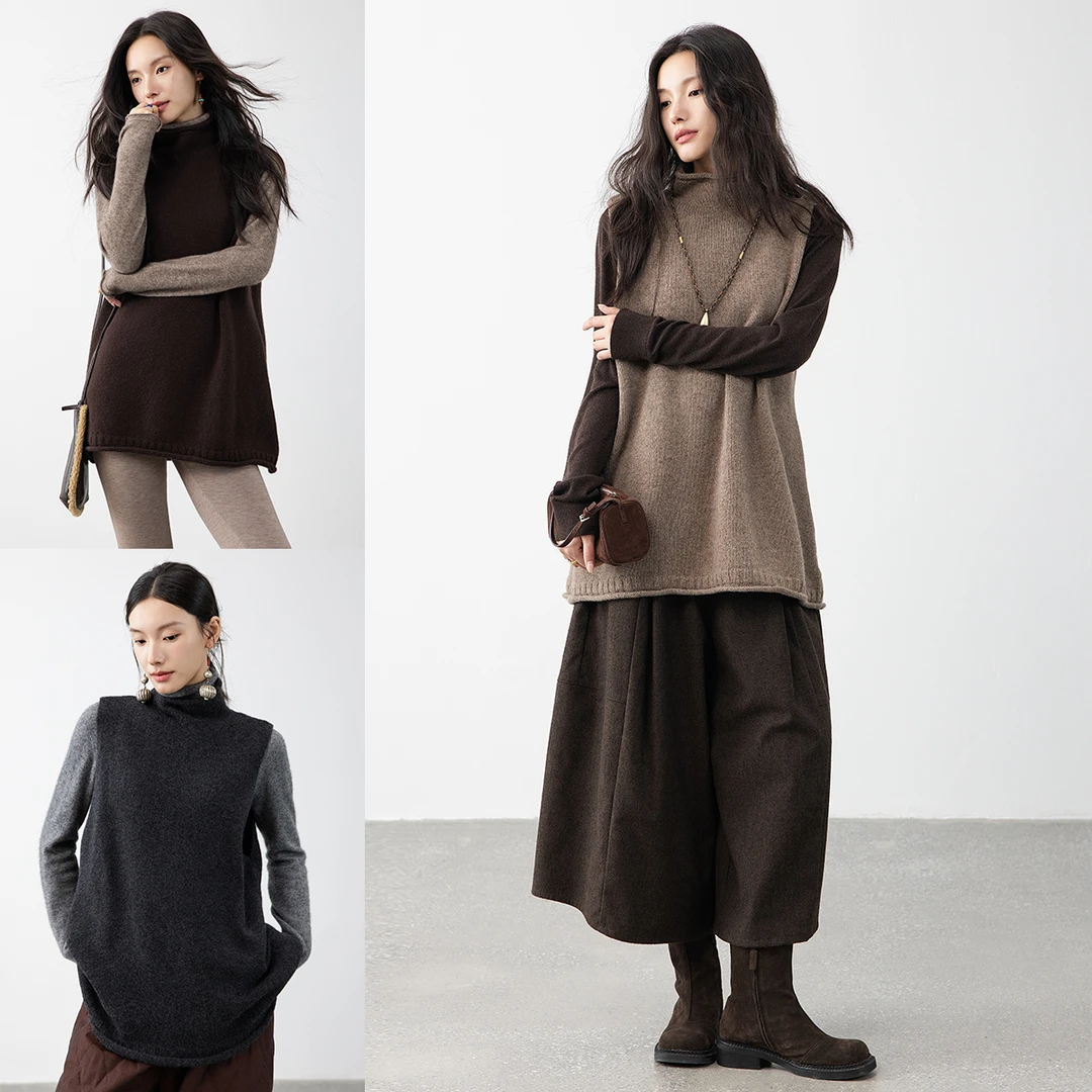 SHECAN【牧心】秋冬时尚老钱风100绵羊毛厚款高领马夹5DC012