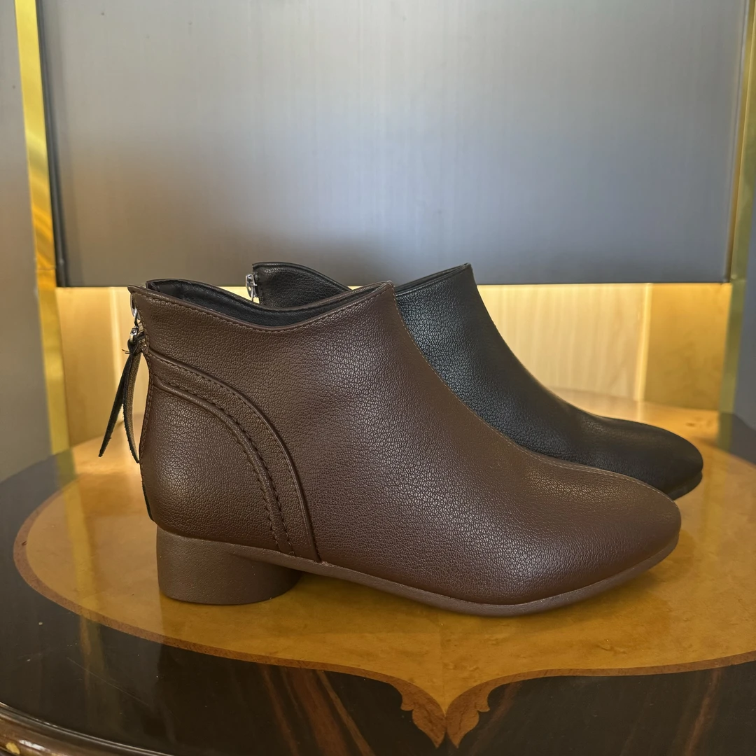 履步奢秋冬踝靴真皮超软羊皮小短靴女低跟平底拉链短筒靴3cm杏