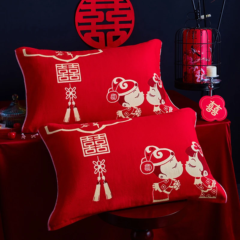大红色结婚用婚庆高档纯棉全棉纱布大号枕巾一对装枕头巾老式双喜