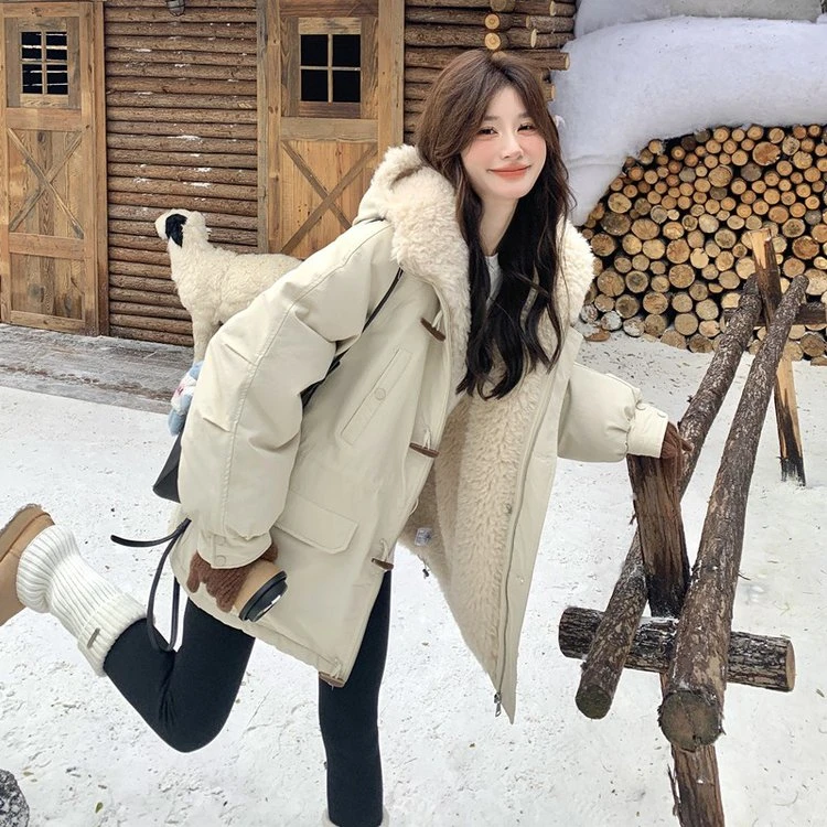 冬季时尚百搭加厚加绒宽松连帽保暖防风派克服中长款女士新款棉服