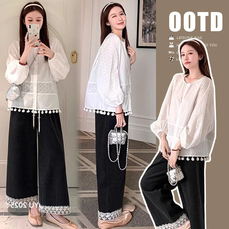 孕妇套装2025春夏新款爆款重工流苏时尚上衣蕾丝边休闲百搭款长裤