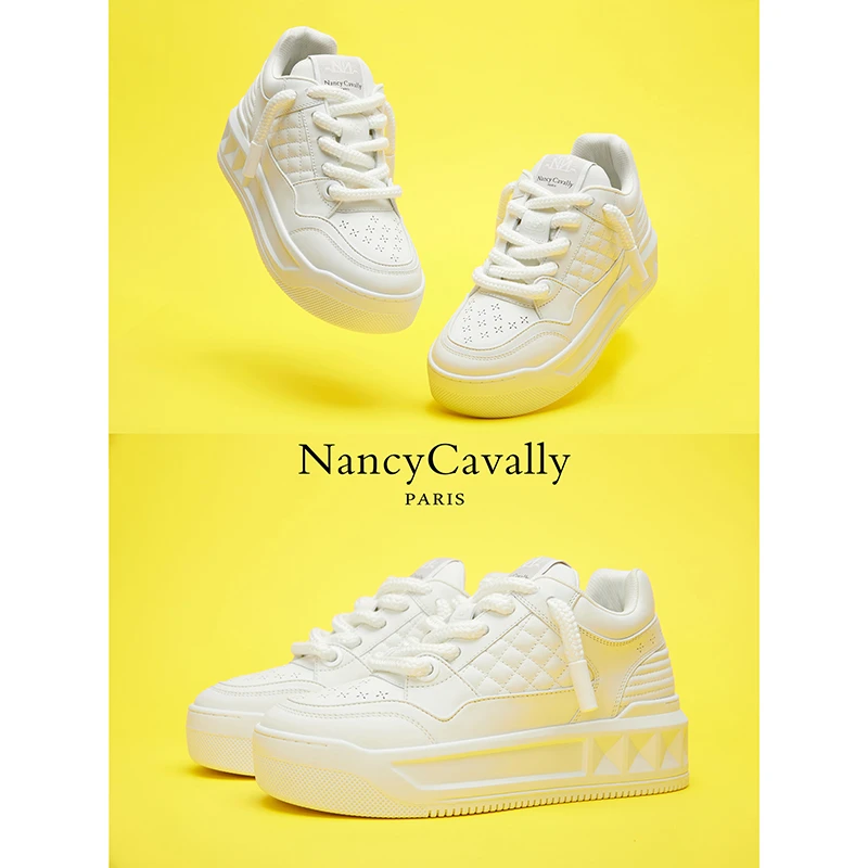 NancyCavally硬核单品 头层牛皮立体菱形电绣粗鞋带厚底面包板鞋