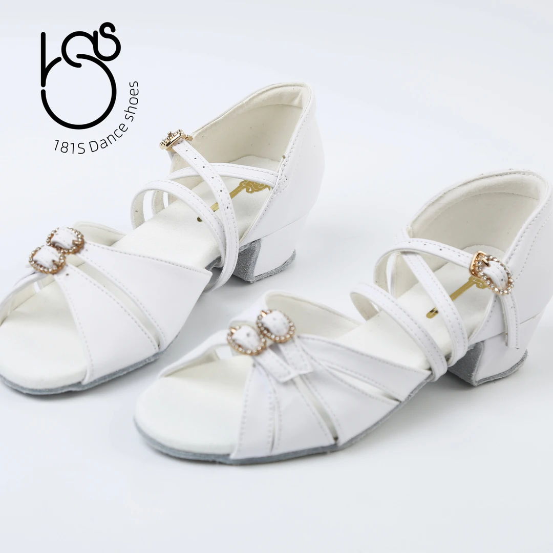 181S少儿拉丁舞鞋白色皮质双扣款