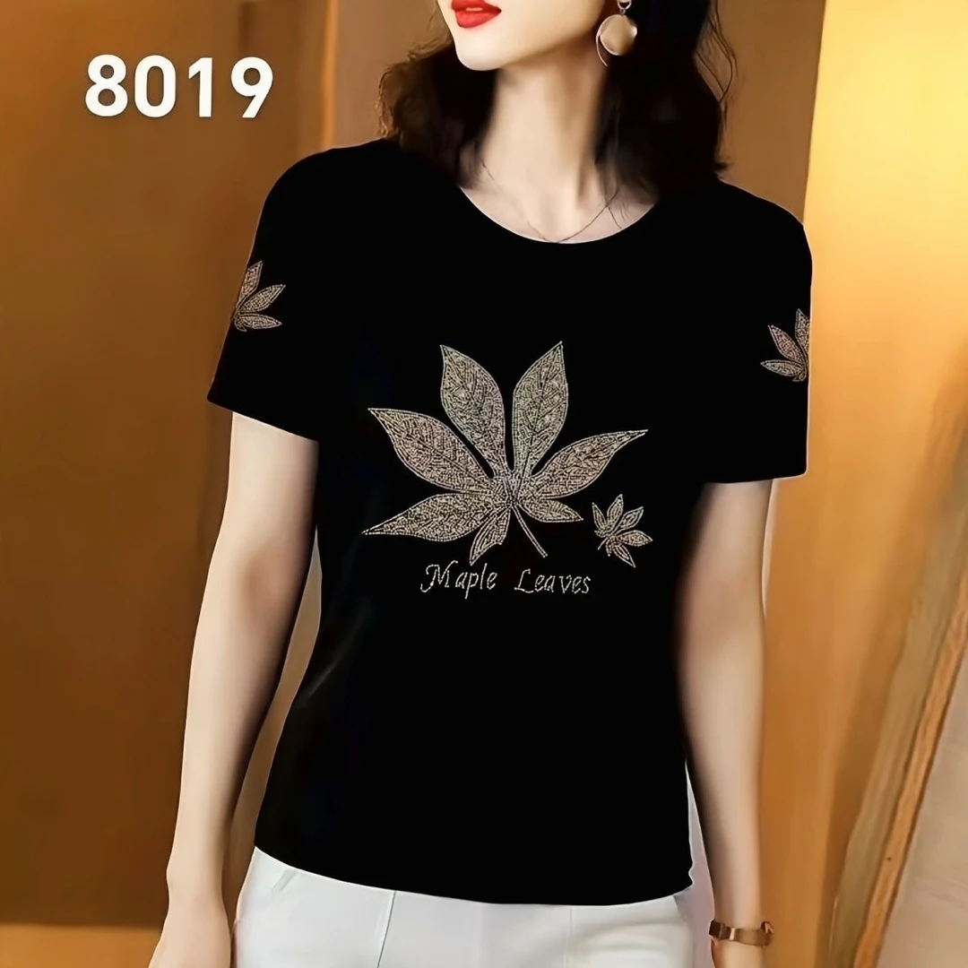 【短袖金银枫叶】螺纹短袖T恤女装烫钻欧货时尚洋气百搭短袖夏季款