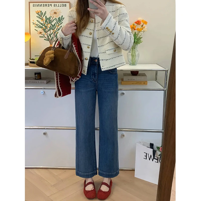 蓝色直筒九分牛仔裤女春季新款大码梨形身材遮胯显瘦弹力阔腿裤子