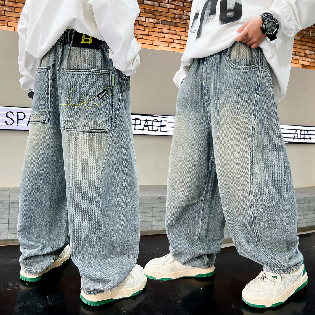 男童牛仔裤子春秋款2025新款大童春季男孩春装儿童痞帅宽松直筒裤