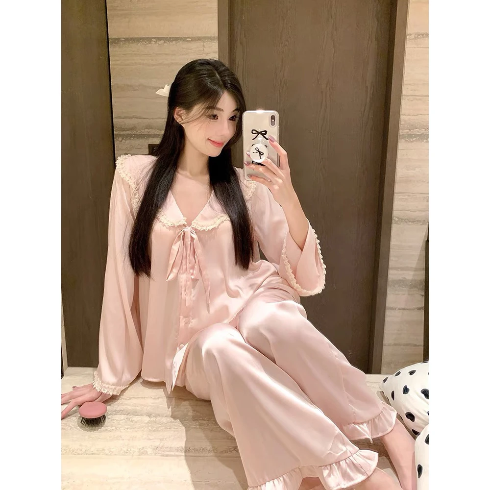 【福利】睡衣家居服春夏款女款可外穿亲肤柔光锻面翻领长袖长裤