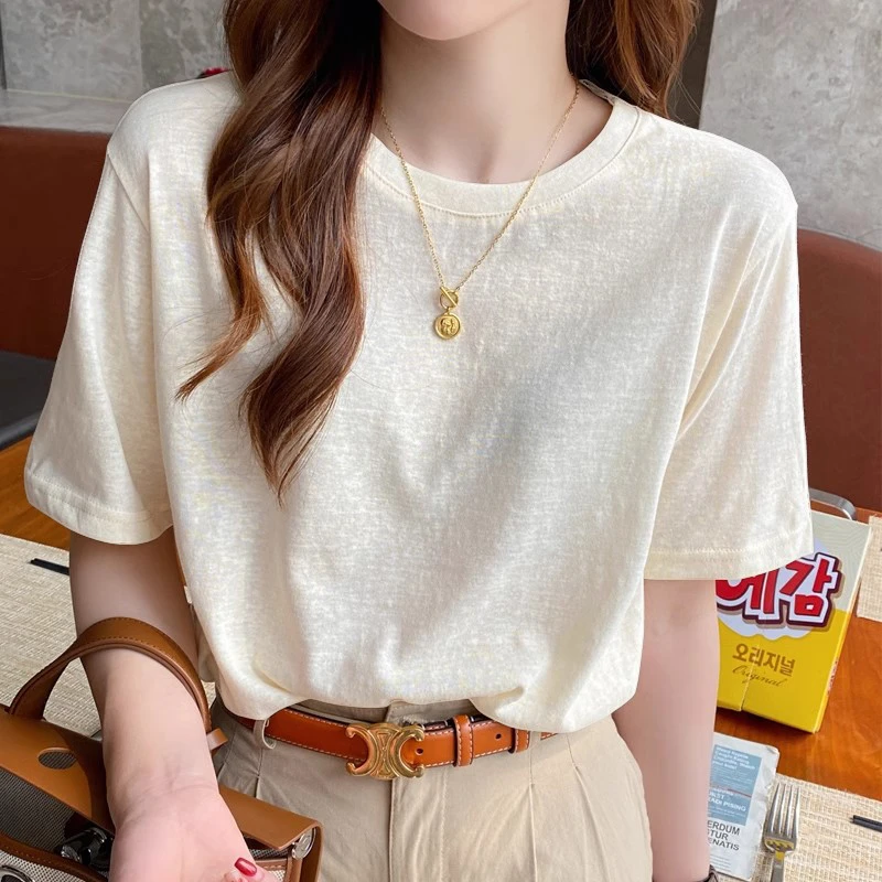 竹节棉慵懒风百搭圆领短袖T恤女士时尚设计感减龄小飞袖宽松上衣