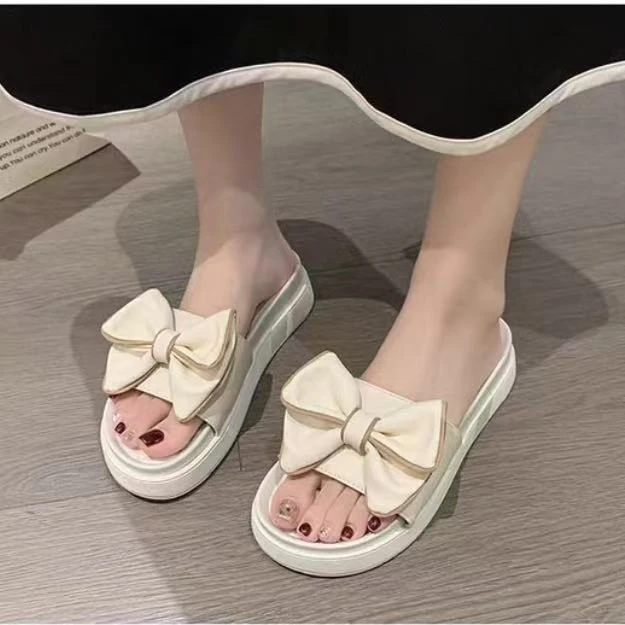 C6389  米色  2025新款露趾平底女一脚蹬休闲女拖鞋