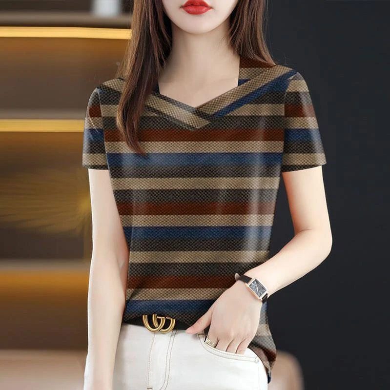 清仓捡漏~高档剪标女2025新款夏减龄短袖条纹遮肚妈妈装打底衫女