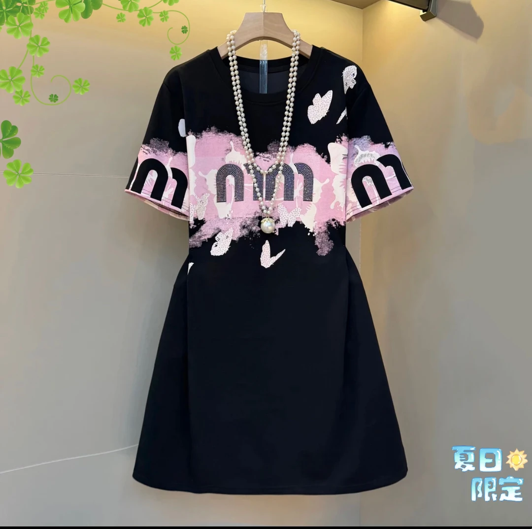 中腰印花套头时尚蝴蝶圆领连衣裙夏日女装黑色休闲