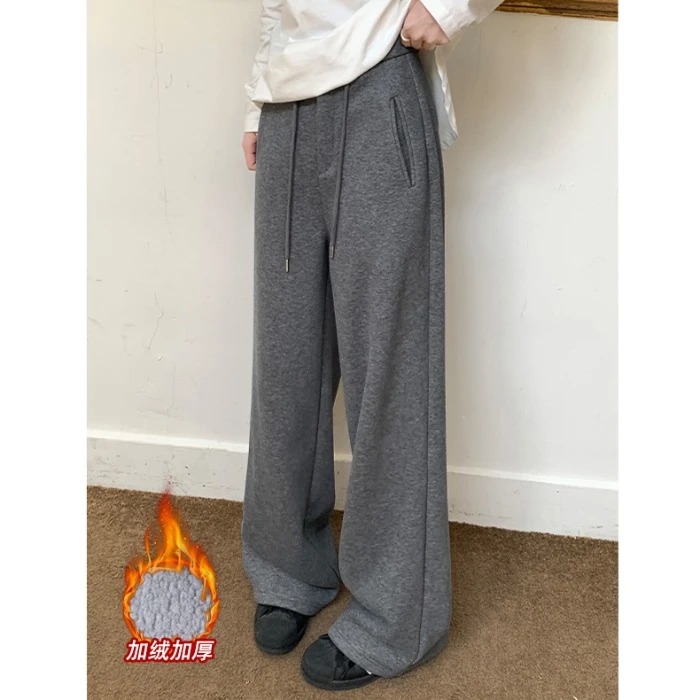 简约深灰色加厚加绒高腰休闲裤女秋冬季新款慵懒风宽松阔腿裤长裤