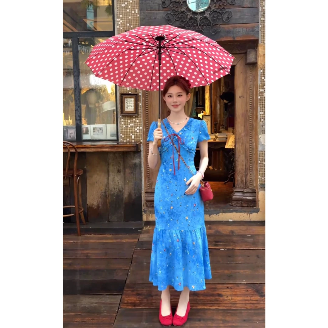 温柔茶歇显瘦V领碎花扎染连衣裙修身蓝色长款