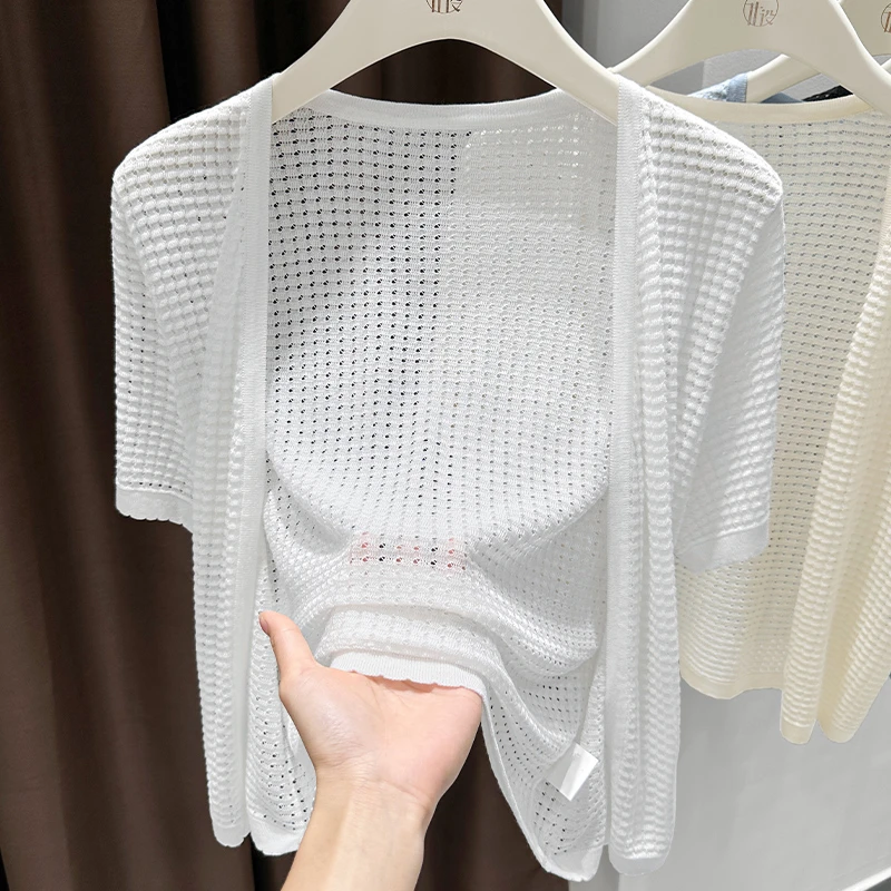 2025夏季新款白色镂空短袖针织开衫薄款温柔气质休闲日常外搭上衣