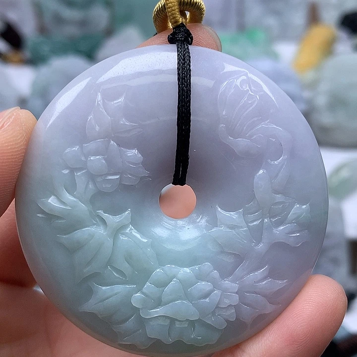 翡翠未镶嵌颈饰花开富贵平安扣两面工艺福利