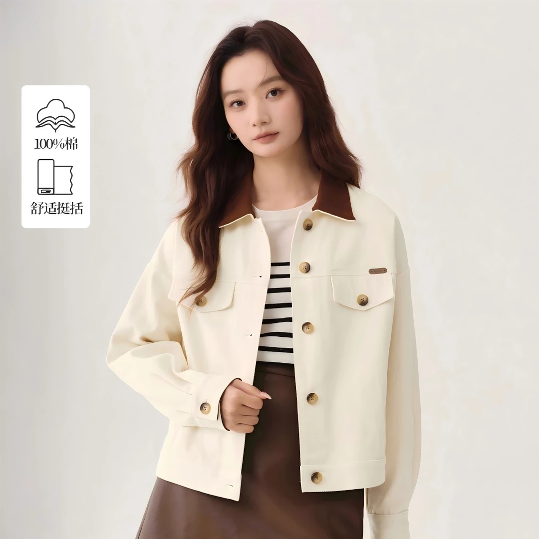 【欧若风新品】茵曼秋季纯棉撞色翻领外套女复古百搭工装风夹克上衣