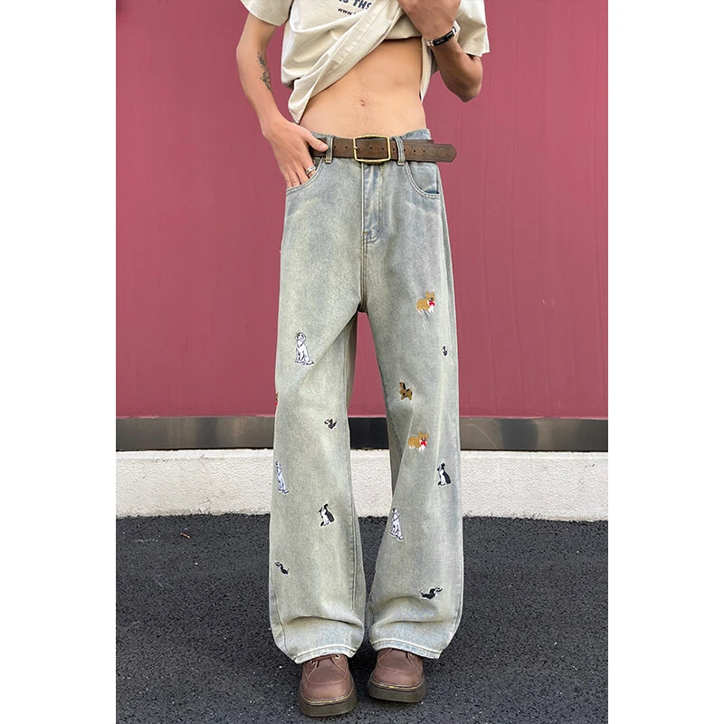 潮牌刺绣长裤春季美式宽松牛仔裤休闲小个子高街港风复古微喇裤