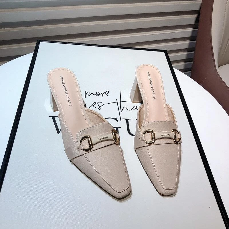 6CM外穿包头半拖鞋女春夏新款气质名媛金属扣方头粗跟/高跟凉拖鞋