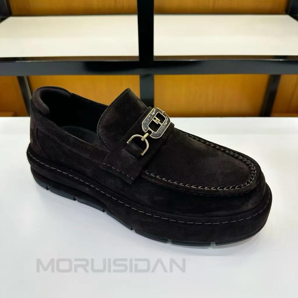 男士新款单鞋真皮一脚蹬厚底增高时尚休闲乐福鞋金属卡扣圆头男鞋