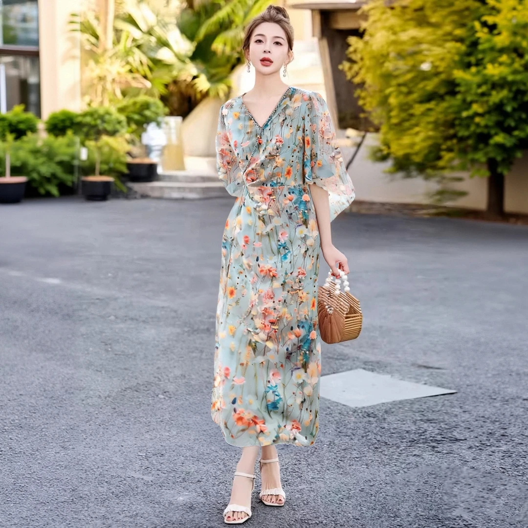 【有里布】春季气质优雅荷叶袖V领钉珠修身显瘦印花连衣裙女D0835