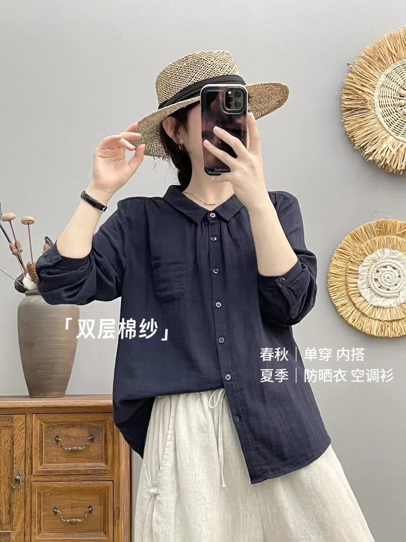 【四季可穿】双层棉纱纯棉长袖衬衫女纯色百搭时尚气质显瘦H8572
