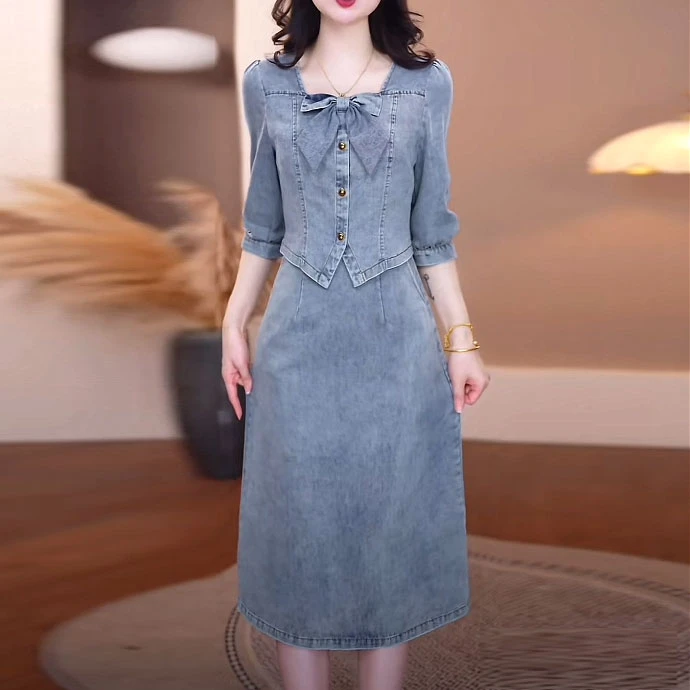 水洗软牛仔时尚洋气假两件连衣裙2025春季新款修身七分袖牛仔裙子