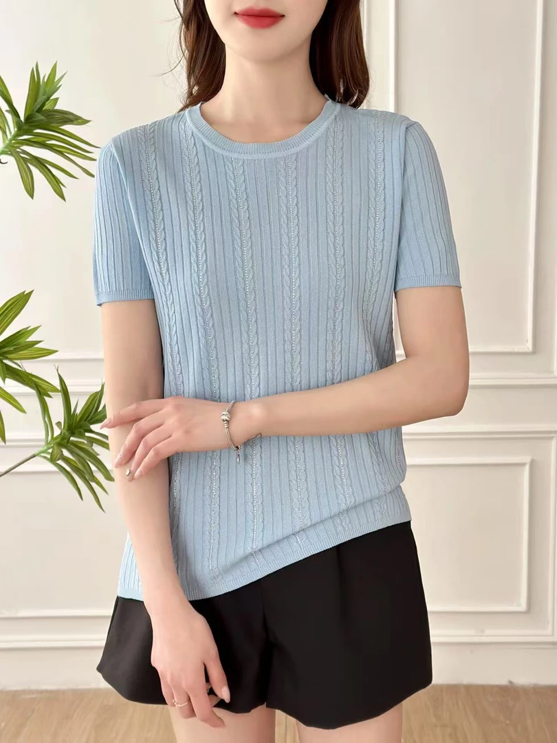 25夏针织冰丝落肩袖上衣2527-009