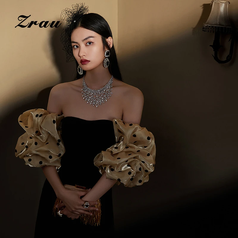 【臻选】ZRAU轻奢波点泡泡袖一字肩连衣裙91130331988