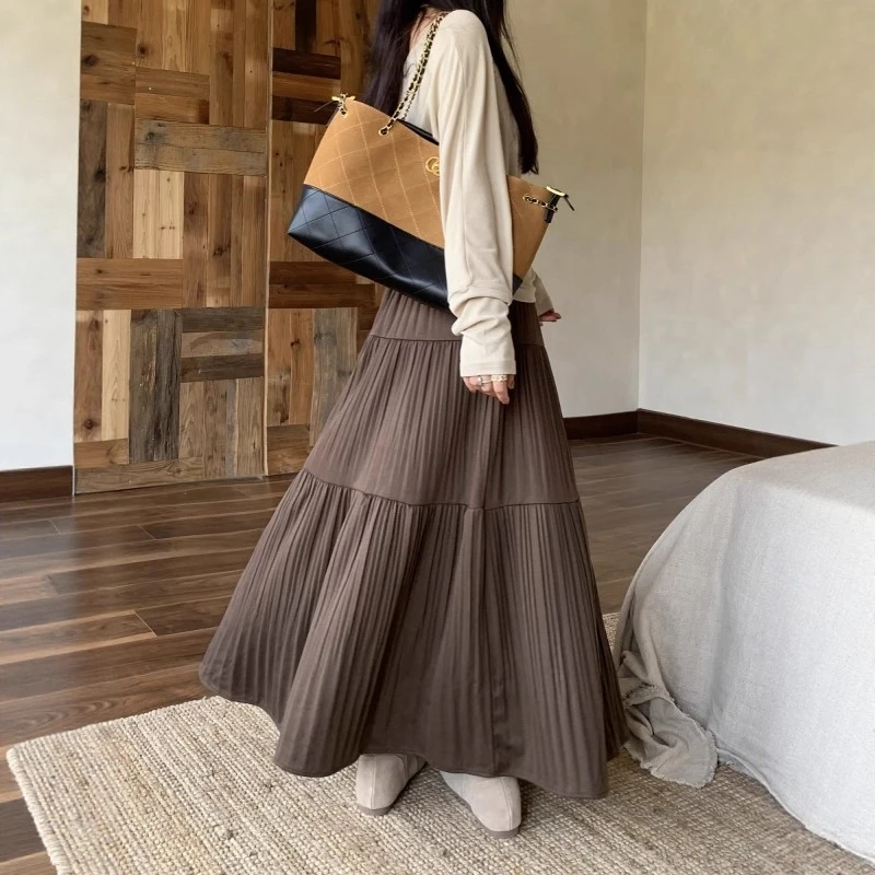 高腰褶皱常规款纯色长裙半身裙中长款A字春秋清冷系禅意衣服女