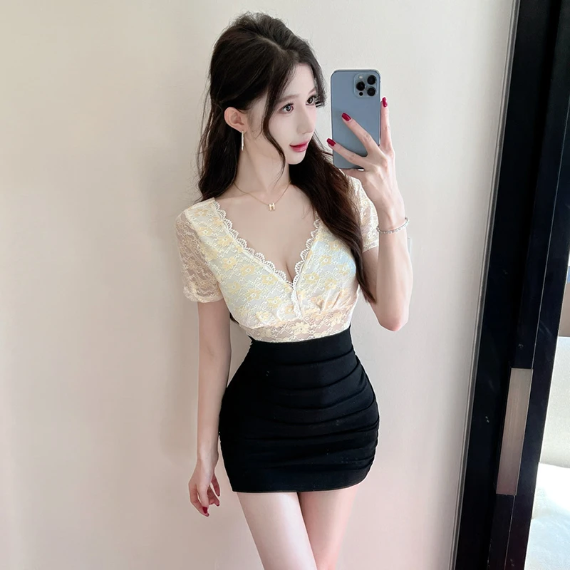 辣妹紧身显瘦蕾丝拼接性感连衣裙女纯欲甜美修身显瘦夜场包臀短裙