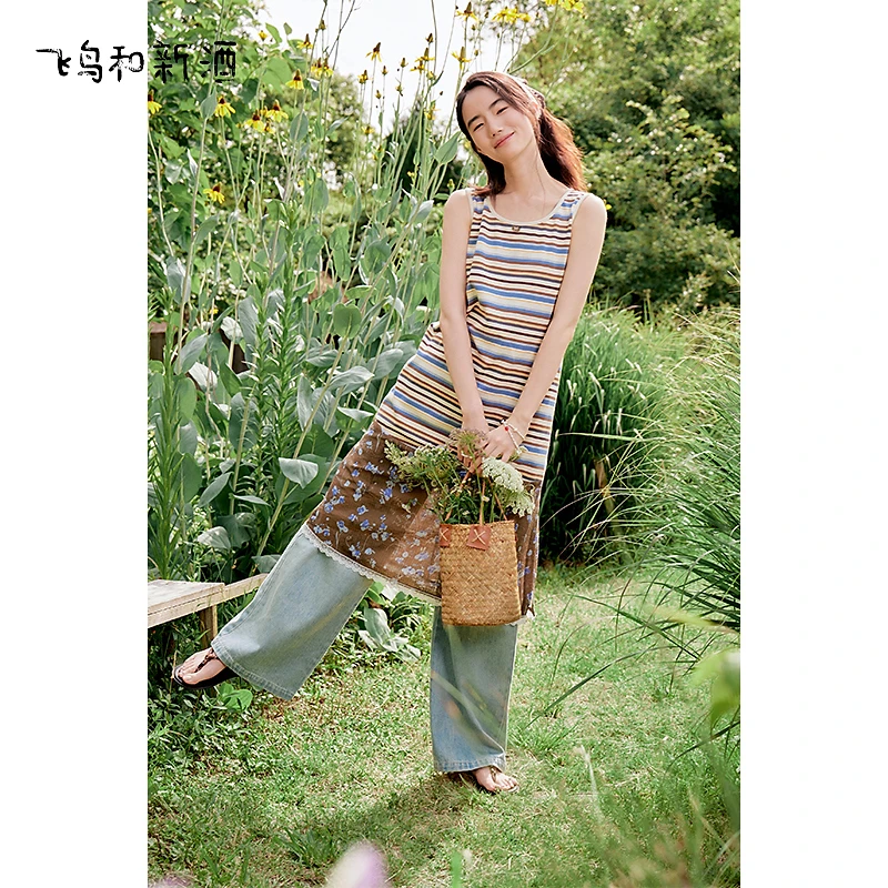【LH-口口】飞鸟和新酒夏中长款宽松显瘦无袖拼接条纹背心式连衣裙