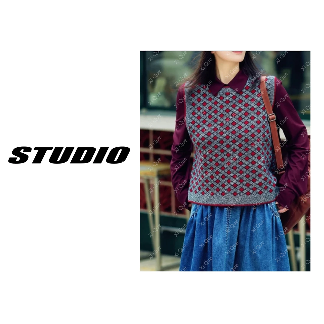 菱形格红色背心马甲 设计师款1oo绵羊毛